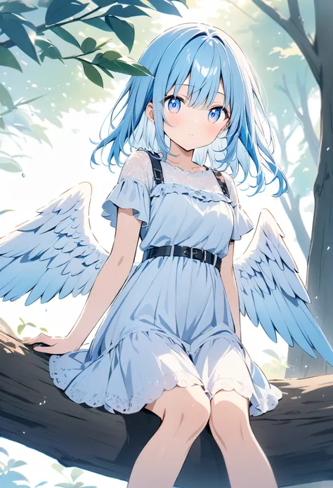 Colored pencil、Light color hue、(masterpiece:1.2),(anime),An angel resting its wings on a tree、Beautiful scenery、cute、Wings closed、Sitting on top of a tree、Light effect、in the forest、White lace dress,Blue Eyes,Light blue hair