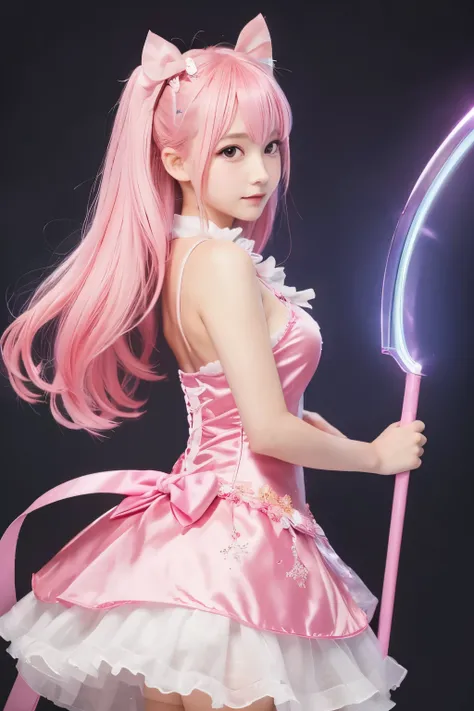 「A girl with pink hair、She is wearing a gorgeous magical girl costume.。She was wearing a pink dress with ribbons and frills.、I have a magic wand in my hand。The tip of the wand is shining with a pink light.、It is designed to look like a bow and arrow.。The b...