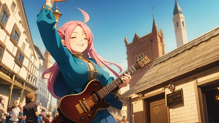 Anime Style,middle ages,A lively bar with lots of people,Beautiful sky,Beautiful bard elf girl with closed eyes,guitar