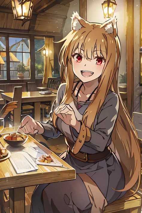 best quality,masterpiece,Dynamic lighting, (Holo of Spice and Wolf),wearing a long skirt,long sleeves,My shoulders are exposed,bust,Sitting on a chair,a bewitching laugh,wave your right hand and say hello,tail,Fangs that appear to be teeth,wooden table in ...