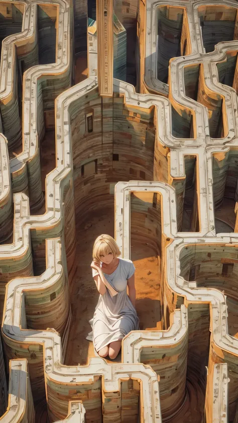 (highest quality,4K,High resolution,Super detailed,Realistic:1.2) In a closed huge maze,Remains,20-year-old woman,Blonde Short Hair,Sitting in a floating house