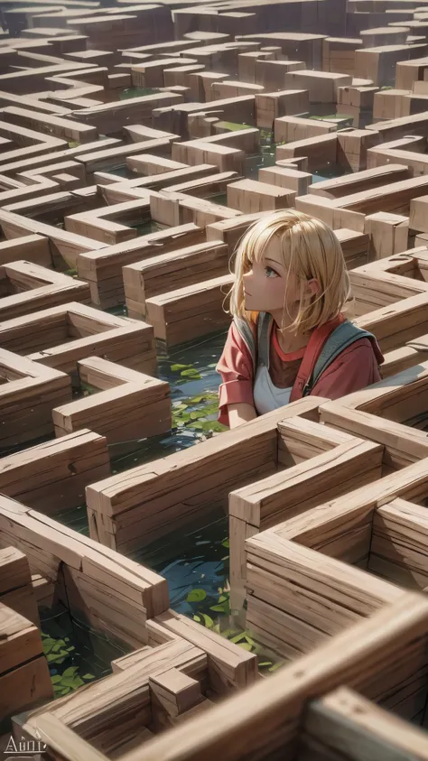 (highest quality,4K,High resolution,Super detailed,Realistic:1.2) In a closed huge maze,Remains,20-year-old woman,Blonde Short Hair,Sitting in a floating house