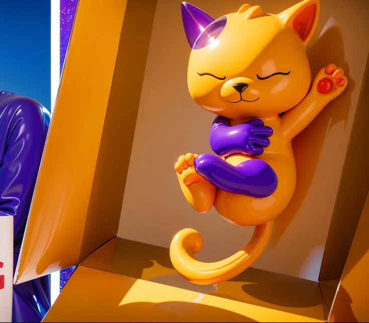 clouds, A 3D, glossy scene featuring two adorable latex-like purple cats with a shiny, plastic finish. The cats have large, expressive eyes and are positioned playfully on fluffy clouds in the night sky. The lighting is realistic, highlighting the glossy, ...