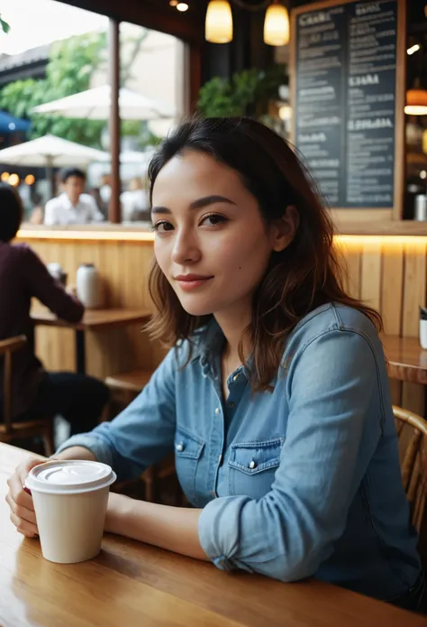 high quality dslr snapshot, high definition film grain photo taken at f/16, ISO 100, global illumination, cinematic photo of a woman sitting at a cafe. 35mm photograph, film, bokeh, professional, 4k, highly detailed