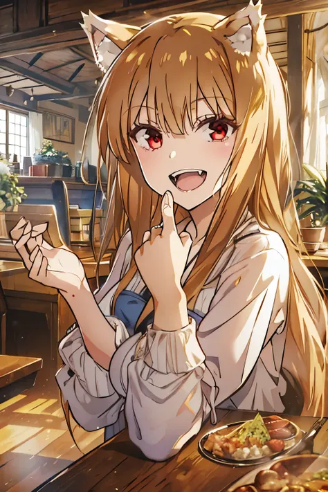 best quality,masterpiece,Dynamic lighting, (Holo of Spice and Wolf),wearing a long skirt,long sleeves,My shoulders are exposed,bust,Sitting on a chair,a bewitching laugh,wave your right hand and say hello,tail,Fangs that appear to be teeth,wooden table in ...