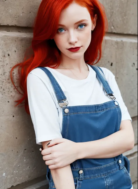 Close-up of a woman in a denim dress taking a photo, wearing Overalls, wearing blue jean Overalls, wearing dirty Overalls, Redhead girl, Anna Nikonova、Also known as New Milky, blue Overalls, Overalls, Short Redhead, she is redhead, cute young Redhead girl,...