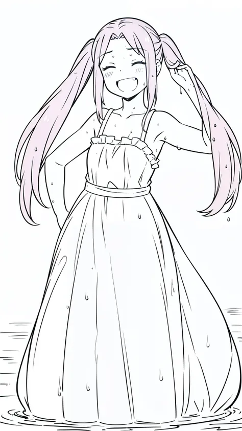 (1girl,12 years old,solo),pink hair,long hair,twintail,(medusa hair),simple dress,sleeveless,(white background,line drawing),((wet,wet dress,wey hair,laughing)),from front,closed eyes,outstretched hand,pov