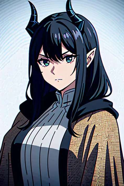 a beautiful girl with gray-black hair, a dragon-scaled face, and dragon horns, wearing a burlap cloak, against a plain white background, dramatic lighting