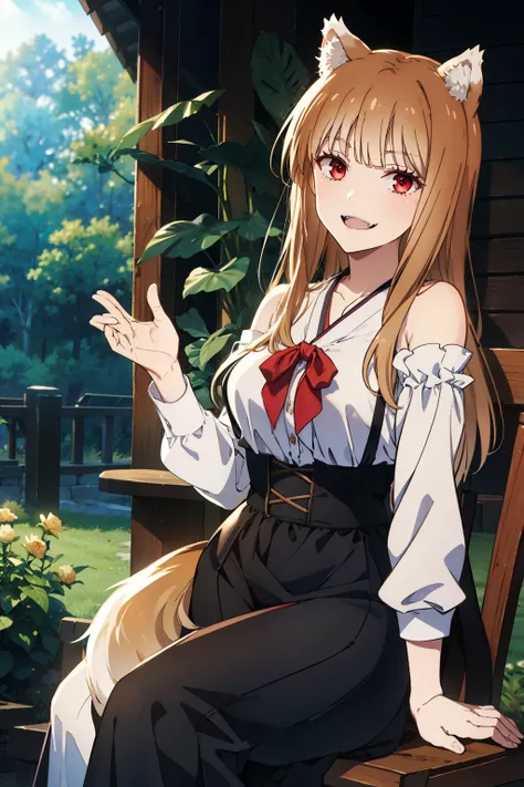 best quality,masterpiece,Dynamic lighting, (Holo of Spice and Wolf),wearing a long skirt,long sleeves,My shoulders are exposed,bust,Sitting on a chair,a bewitching laugh,wave your right hand and say hello,tail,Fangs that appear to be teeth,wooden table in ...