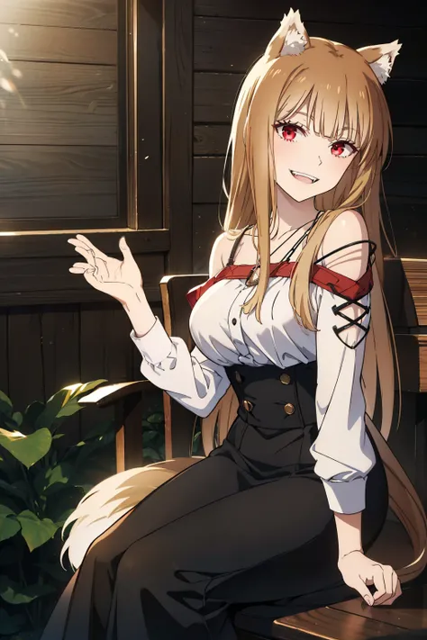 best quality,masterpiece,Dynamic lighting, (Holo of Spice and Wolf),wearing a long skirt,long sleeves,My shoulders are exposed,bust,Sitting on a chair,a bewitching laugh,wave your right hand and say hello,tail,Fangs that appear to be teeth,wooden table in ...