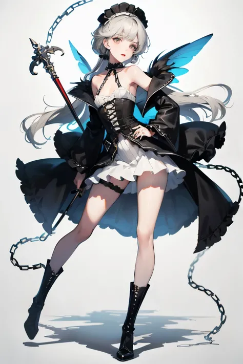  ((best quality)), ((masterpiece)), (detailed), 1girl, Character design, female, dynamic poses, long white grey hair, grey white eyes, very skinny, detailed, best quality, no accesoires around the neck, no shoes, prominent collarbones, skinny arms, flat st...