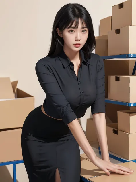 1lady solo office worker, leaning forward, /(casual shirt pencil skirt/) /(id card lanyard/), /(black hair/) bangs, (masterpiece...