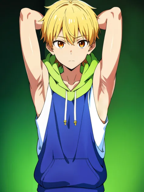 Highres, Masterpiece, Best quality at best,Best Quality,hight quality, hight detailed, 8KCG wallpapers, 1boy, Boy, Shota, shiny skin, Sleeveless hoodie, Upper body, (Showing armpit:1.3),  (very young boy), (very small and short body), 12-year-old boys, col...