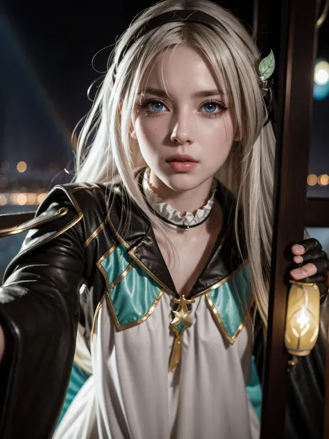 Firefly character from Star Rail, white hair, rainbow colored eyes