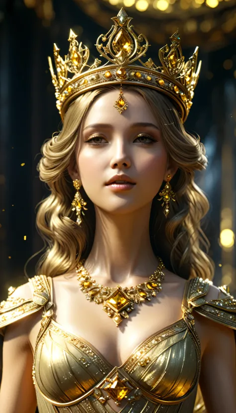 Close-up of a woman in a golden dress and crown, Unreal Engine Rendering + goddess, Movie goddess shot, Close-up shot of the movie goddess, Fantasy style 8k octane rendering, Movie CG Association, Elegant cinematic fantasy art, cgsociety 8 k, cgsociety 8k,...