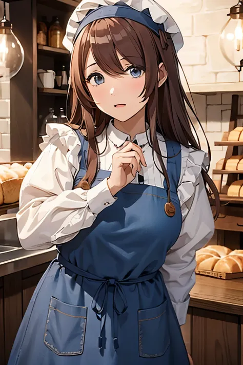 girl、light brown long hair、blue eyes、big and ample breasts、brown apron、white headdress、embarrassed、medieval european bakery、high...