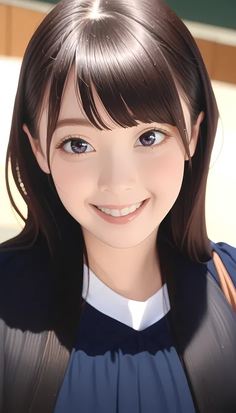 best quality, masterpiece, Ultra-high resolution, (Film Grain: 1.4), Digital Photography, Bangs, light, (Fuji Color: 1.2) portrait,, 1 girl, Solitary, For the audience, Smile, (Close-up of face), Cleanse pores, looking at the audience, Ocean background (Pr...