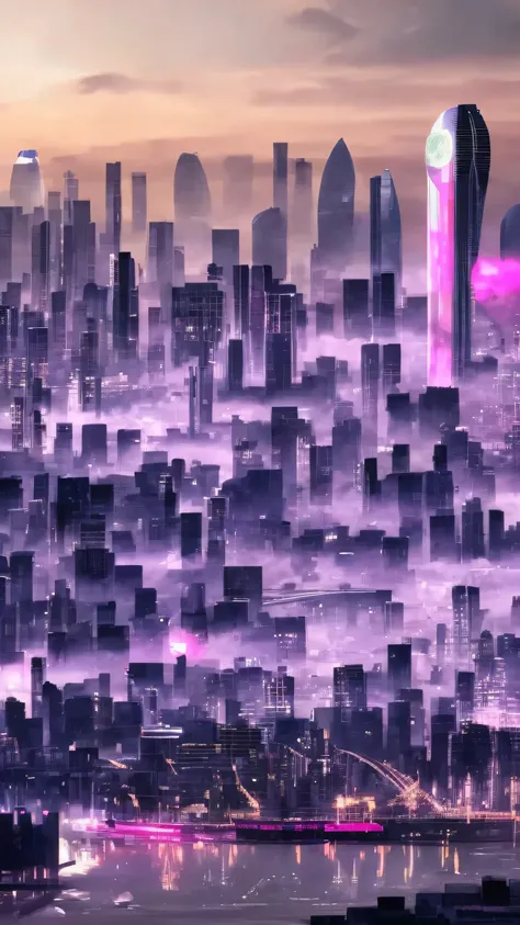 london city, look futuristic, hyper realistic, 4k, detailing, big bang watch iconic, purple and pink tone, cyberpunk concept, ga...