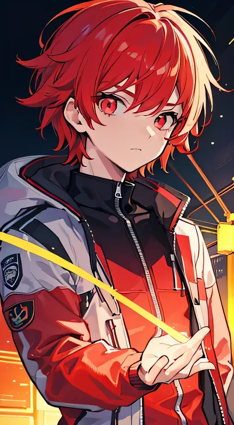 1 boy , male, glowing red eyes, colourful glowing red hair, wearing sci-fi jacket, anime style, high detail, futurism, glowing l...