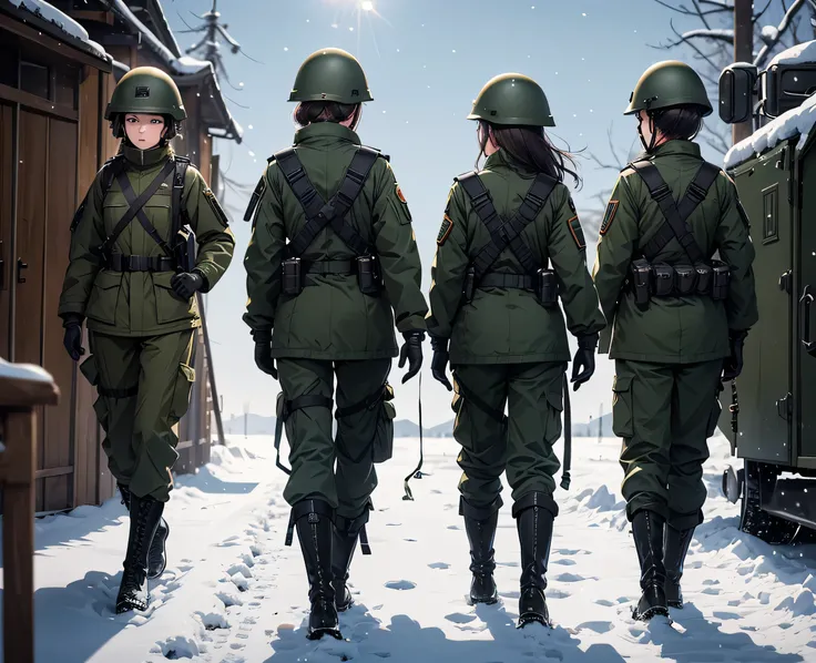 View from behind，Three female soldiers wearing helmets，Dark green M.51 military coat，Military Pants、Black boots，Snowy military camp，Tactical gloves，Tactical harness，Write details、masterpiece、best quality、Highly detailed CG、8K picture quality、theater lighti...