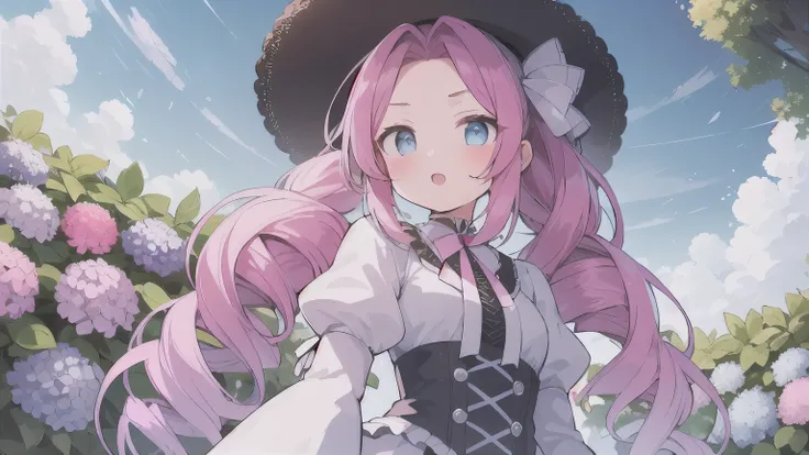 &quot;One Woman&quot;、young、blue eyes、Pink Hair、Long Hair、Drill-shaped twin-tail hairstyle、White Hat、White Lolita Fashion、Angle viewed from below、Upper Body、Hydrangea garden