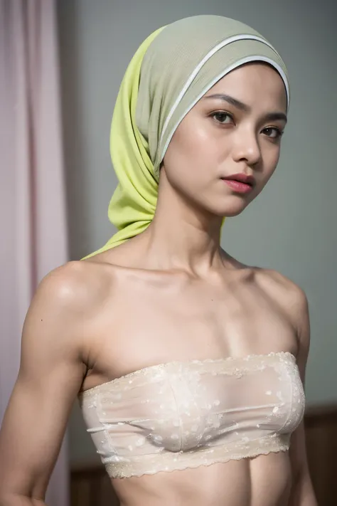 ((SHORT HIJAB)), ((Flat chest:1.7)), (dynamic photograph of a 58 year old Indonesian woman), (slim top, cotton panties), (straight non curly hair), (highly detailed face:1.4), (vascular muscles and abs:1.3), (background inside light, bright, private gym:1....