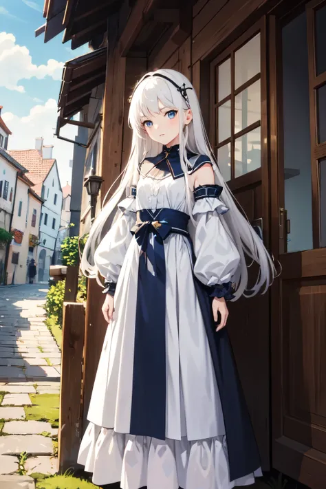 ((best quality)), ((masterpiece)), (detailed), 1girl, anime original character, full-length shot, white hair, 10 year-old, bright blue eyes, old medieval village