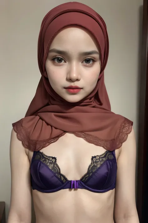 Very Thin body (Wearing Bra Lingerie), (((HIJAB MALAY GIRL))), masutepiece, High quality, UHD 32K, Realistic face, Realistic skin feeling , A Malay Lady, 8 years old, , Very cute and baby-like face, (((FLAT CHEST))), (MATRIX WORLD), ((look In front  at the...