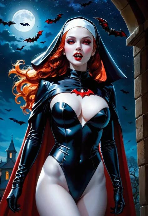 a picture of an exquisite beautiful female nun vampire standing under the starry night sky on the porch of her monastery, ultra feminine, (pale skin: 1.3), red hair, wavy hair, dynamic eyes color, cold eyes, glowing eyes, intense eyes, dark red lips, ((fan...