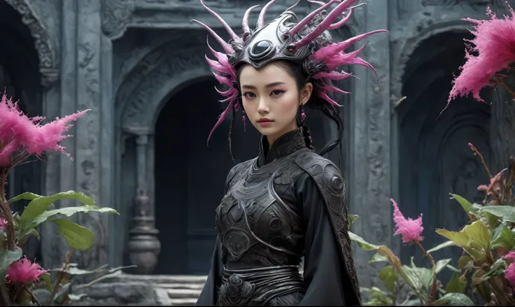 heght view on himera babygirl elf,hanfu,once pretty face,eyebrow up,full body shot,ominous landscape,glate gray atmosphere,prime colors,wariza,extremely detailed, masterpiece,intricate details,faded,eyes extremely detailed,Bun Hair,(Folk clothes:1.5), long...