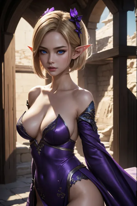 8K,Super beautiful elf with short blonde bob,Alafeid woman wearing gorgeous purple and black breast armor posing with a bow, super detailed fantasy characters, 3D Rendering Character Art, blue eyes,ArtJam ; 3D Unreal Engine,  Stunning Armor, Amazing charac...