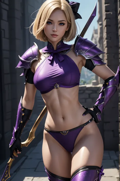 8K,Short blonde bob hair,Super Beauty,Arafed woman in purple and black breast armor posing with a bow, super detailed Fantasy Characterss, 3D Rendering Character Art,ArtJam ; 3D Unreal Engine, Fantasy Costume, 4 k detail fantasy,  Stunning Armor, Fantasy C...