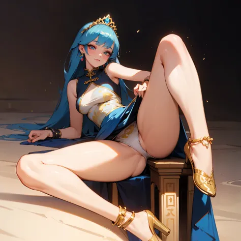 ((8K, masterpiece, best quality, ultra detailed, photoreal)), HDR, lens flare, particles, chinese gorgeous royal style, in a palace, 1 princess on a throne, full body, composition close to her, (perfect anatomy), spread legs, lift up skirt, show off panty,...