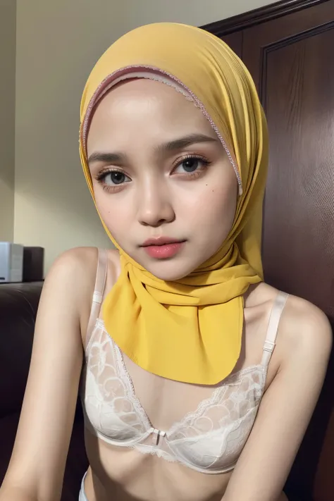 Very Thin body (Wearing Bra Lingerie), (((HIJAB MALAY GIRL))), masutepiece, High quality, UHD 32K, Realistic face, Realistic skin feeling , A Malay Lady, 8 years old, , Very cute and baby-like face, (((FLAT CHEST))), (MATRIX WORLD), ((look In front  at the...