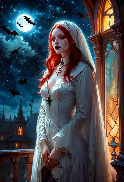 a picture of an exquisite beautiful female nun vampire standing under the starry night sky on the porch of her monastery, ultra ...