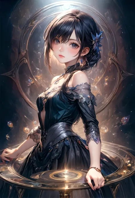 a woman in a black dress holding a glass with a light shining on her face, extremely detailed artgerm, anime girl wearing a black dress, artgerm. anime illustration, anime fantasy artwork, 8k high quality detailed art, beautiful anime girl, beautiful allur...