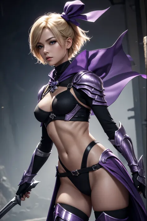 8K,Short blonde bob hair,Super Beauty,Arafed woman holding a purple and silver bow, super detailed Fantasy Characterss, 3D Rendering Character Art,ArtJam ; 3D Unreal Engine, Fantasy Costume, 4 k detail fantasy,  Stunning Armor, Fantasy Characters, Gorgeous...