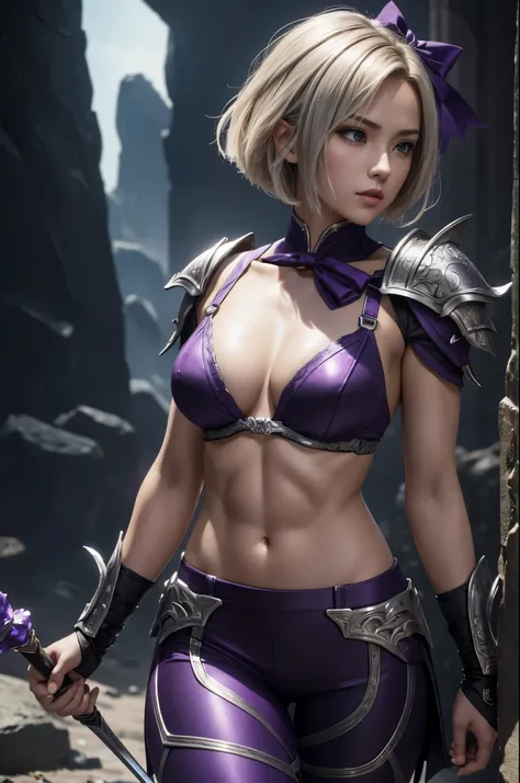 8K,Short blonde bob hair,Super Beauty,Arafed woman holding a purple and silver bow, super detailed fantasy characters, 3D Rendering Character Art,ArtJam ; 3D Unreal Engine, Detail Fantasy,  Stunning Armor, Gorgeous Female Paladin, Amazing character art,mas...