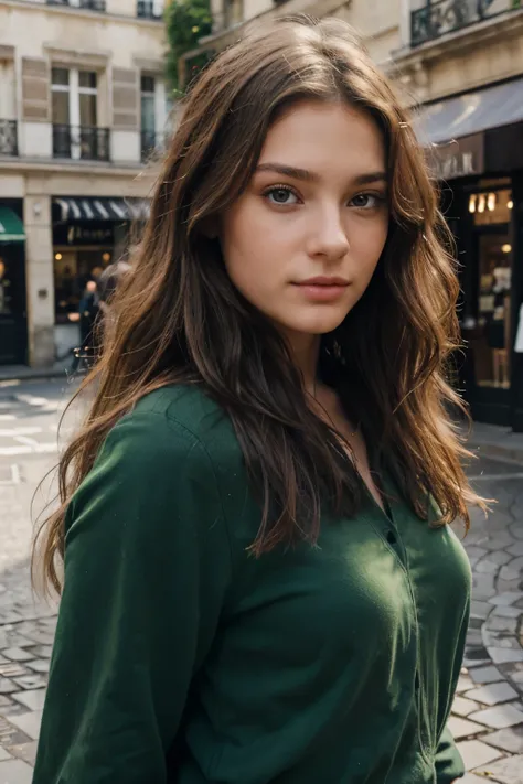 epic realism, fille, 19 ans, brun, wavy hair, dehors, well dressed, Paris, beauty, unique, selfie, Yeux verts, Yeux bleus, HD, HD, Realistic, prendre une photo elle-même, naturelle, pas de flou, regarde dans les yeux, riche, 