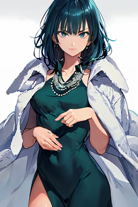 (((pixel-perfect, detail-perfect))), solo, 1girl, , fubuki, fur coat, collared dress, collarbone, necklace, looking at viewer, closed mouth, standing, front view
,fubuki(one punch man), high quality ,a dark green dress , high collar, thigh , white pearl , ...