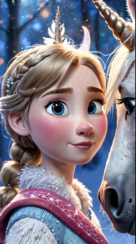 a close up of a girl with a unicorn on her shoulder, unicorn from the tusk movie, frozen ii klaus film, animated film, animated film, frozen klaus film, unicorn, animated film scene, still from the film "Cold 2", animation film, # film, blue unicorn, Elsa,...