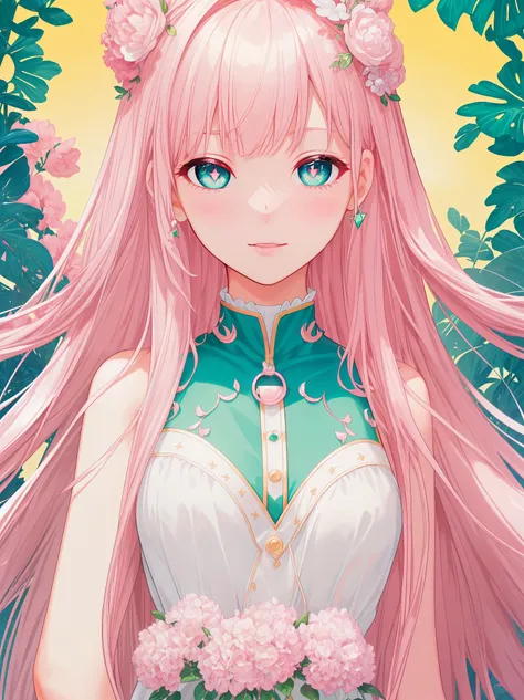 (((pearl pink hair,emerald pupils))),((beautiful and detailed)),(blushing), (geometric:1.1), ((1girl,amazing,adorable girl,solo,arms down)),(Masterpiece,Best quality, offcial art,fractal art, Beautiful and aesthetic:1.2),(4k,HD,HRS),((small breasts)),(Phys...