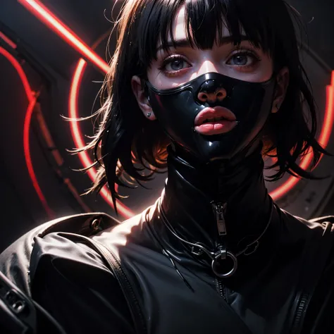 a very beautiful and very thin girl, wears black underwear with tights and latex face mask. Dark room with only red neon lighting. Viele Details, extremely realistic. good quality, 8k