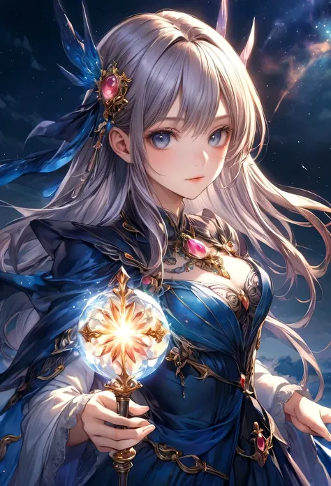 a woman in a blue dress holding a magic wand with crystal ball, shadowverse style, granblue fantasy, anime fantasy artwork, beautiful celestial mage, shadowverse, anime fantasy illustration, detailed digital anime art, extremely detailed artgerm, beautiful...