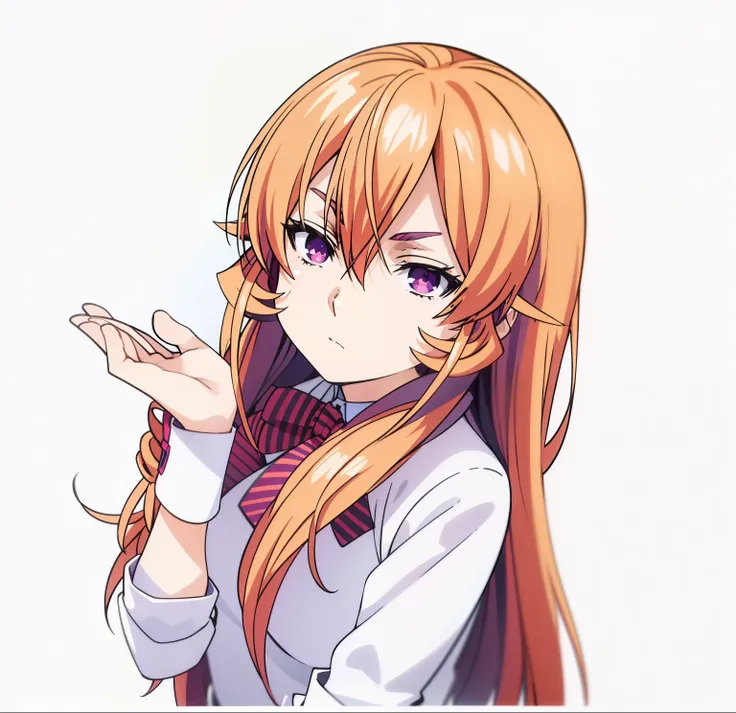 erina nakiri, long hair, orange hair, (purple eyes:1.1), hair between eyes,skirt, thighhighs, bow, , jacket, pleated skirt, shoe...