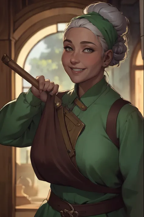 Clementine Appleseed, Grocer, ((Female Dwarf)), (((elder))), determined, ((excited smile)), thick lips, grey hair tied back into a tight bun, dark green eyes. 4ft. 1″, well-fed build, hunched and fragile, | (8k, RAW photo, best quality, masterpiece:1.2), u...