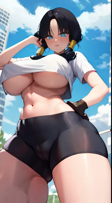  Lifting her shirt, Exhibitionist, Big Breasts, tops up, Videls breasts measure 106 cm, masterpiece, best quality, highres, videl2, solo, blue eyes, black hair, twintails, black gloves, bike_shorts, bangs, white shirt, badge, cowboy shot, frown, hand on hi...