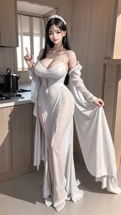 see through clothes(Full body female love:1.3)，best quality, masterpiece, ultra high resolution, (lifelike:1.4), original photo, 1 female,35 years old， black hair, big eyes, Detailed eyes and face,huge breasts，split，long legs，Belted robe open ，bare shoulde...