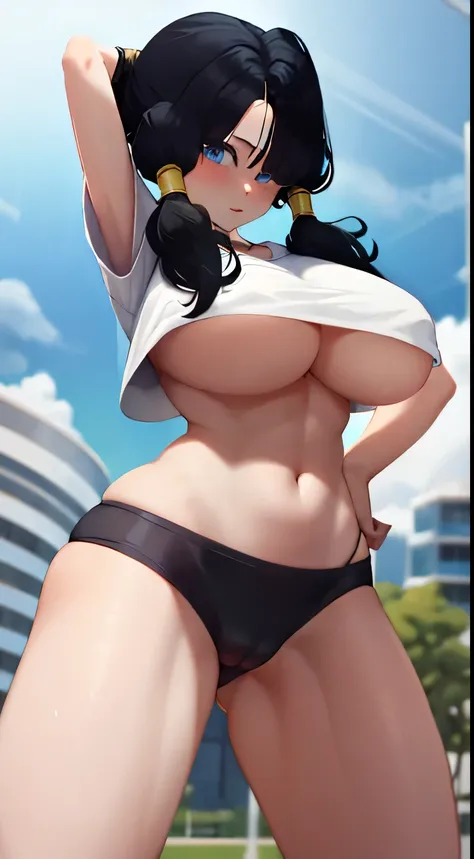  Pezones, Lifting her shirt, Exhibitionist, Big Breasts, tops up, Videls breasts measure 106 cm, masterpiece, best quality, highres, videl2, solo, blue eyes, black hair, twintails, black gloves, bike_shorts, bangs, white shirt, badge, cowboy shot, frown, h...