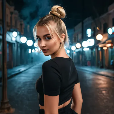 an eye contact of a blond with bun hair and dark theme , cute pose , background smoke vibe in night and  street light, cloth short 